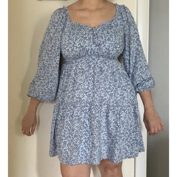 Old Naive Blue Floral Short A Line Long Sleeve Dress Princess Romantic Md - Picture 1 of 6